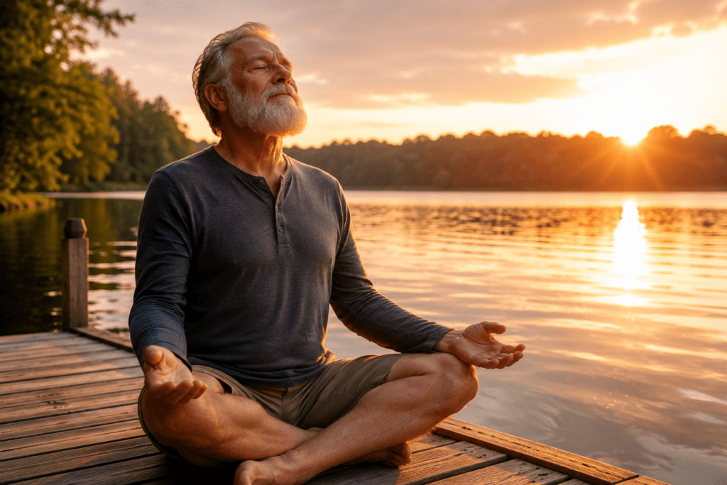 Older man practicing deep breathing outdoors at sunset for stress and blood sugar control
