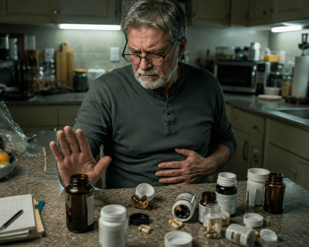 older man pushing away supplement bottle due to stomach discomfort
