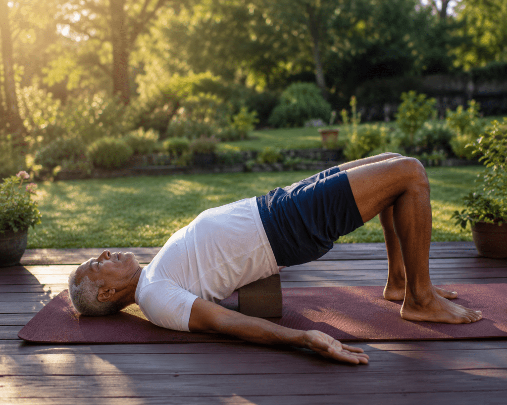 Older man performing Supported Bridge yoga pose outdoors for hypertension management
