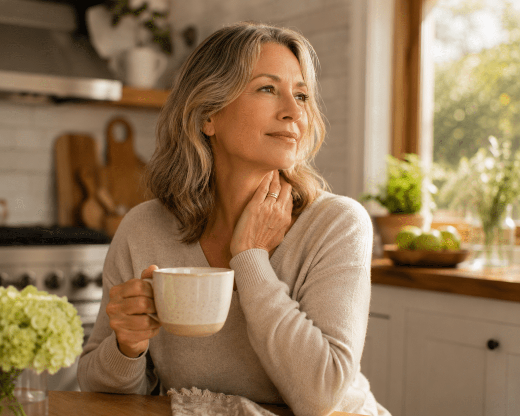 Woman supporting thyroid health naturally for sustainable weight loss