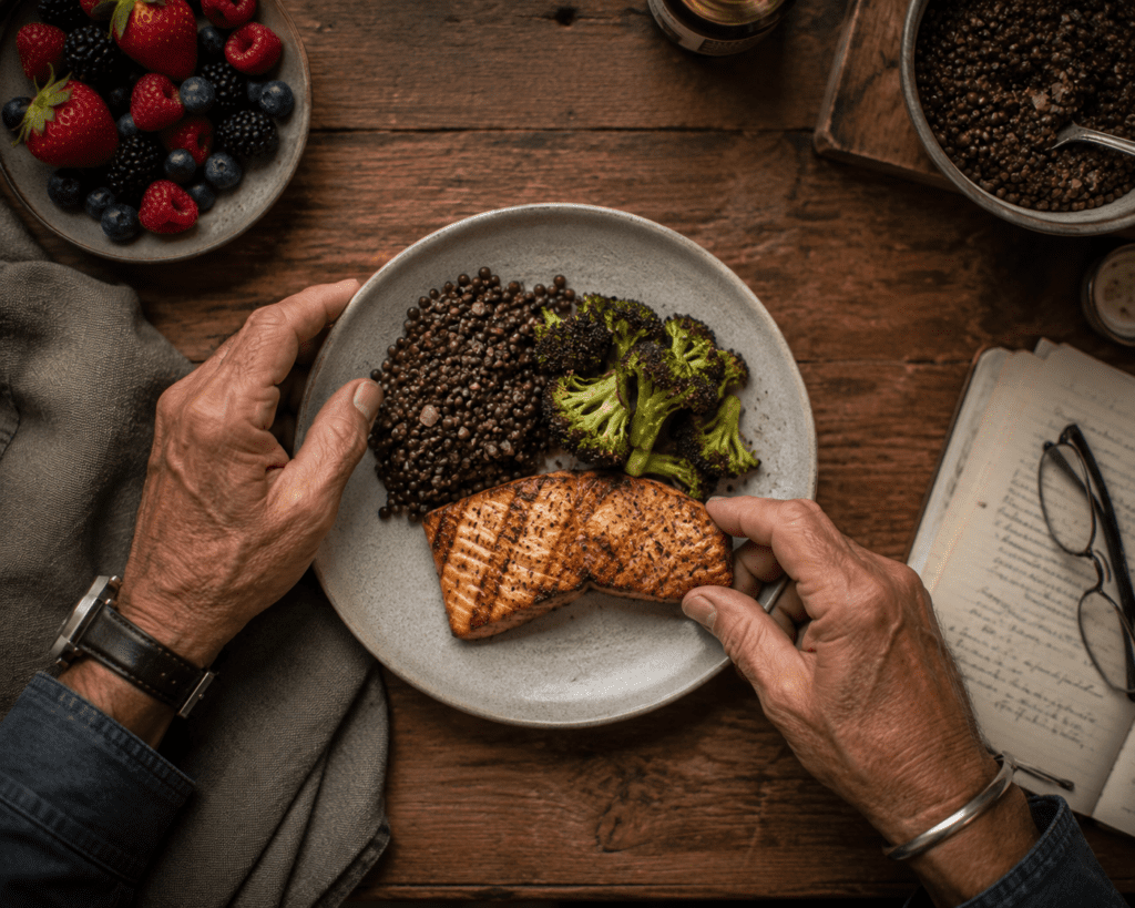 Older man plating salmon lentils and berries for diabetes-friendly dinner
