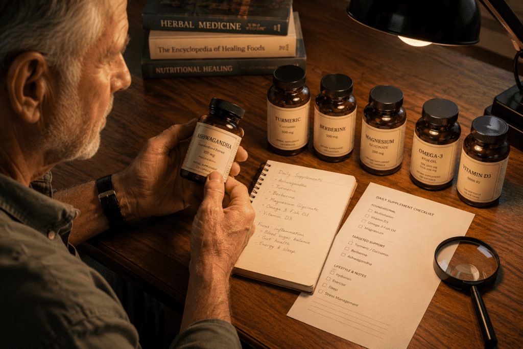 Senior man carefully reading supplement label surrounded by natural diabetes supplement bottles at desk