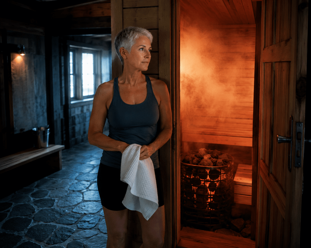 Woman at traditional steam sauna door comparing sauna types for detox