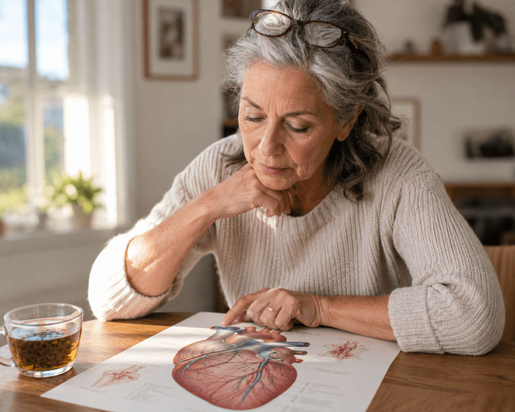 Senior woman studying heart anatomy diagram at home kitchen table
