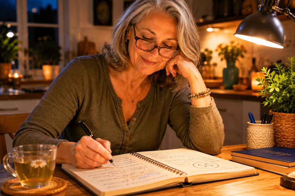 woman in her 60s researching glycemic index foods in notebook at kitchen table