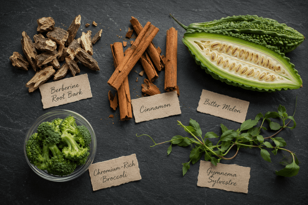 Flat-lay of natural blood sugar supplement ingredients including berberine cinnamon and bitter melon