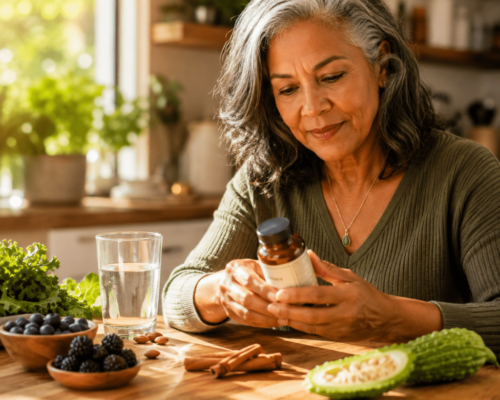 Woman in her 60s reading vegan gluten-free blood sugar supplement label at kitchen table