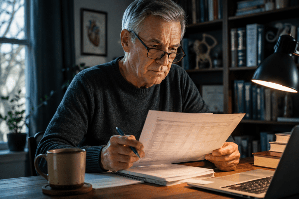 Older man reviewing lab results linked to vitamin deficiency and chronic fatigue
