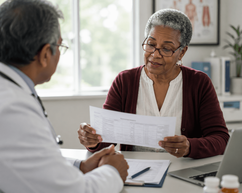Older woman reviewing vitamin D lab results with her doctor
