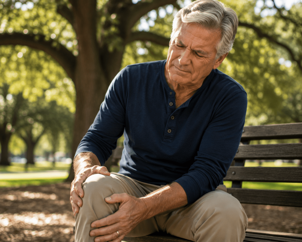 Older man pressing hand on painful knee outdoors in sunlight