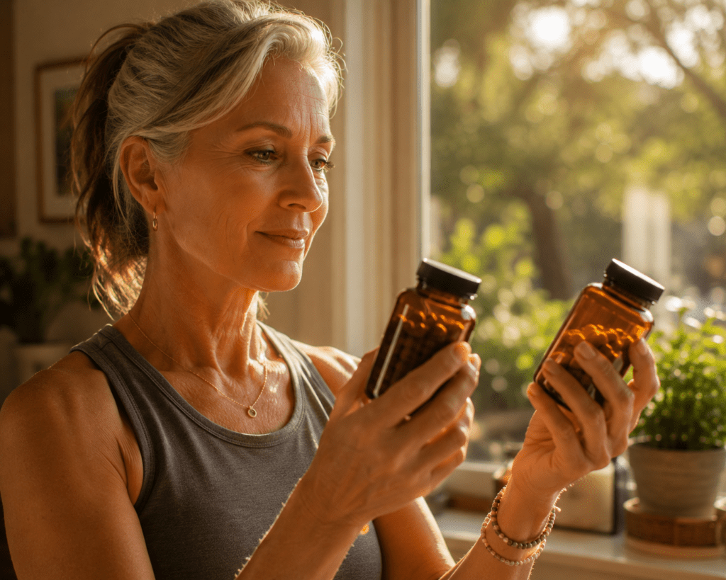 Woman in her 60s holding vitamin D3 and K2 supplement bottles