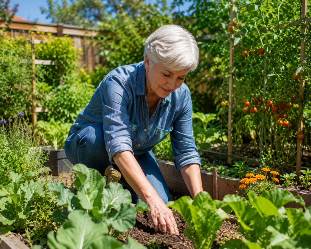 Active woman in her 60s gardening outdoors in bright sunlight
