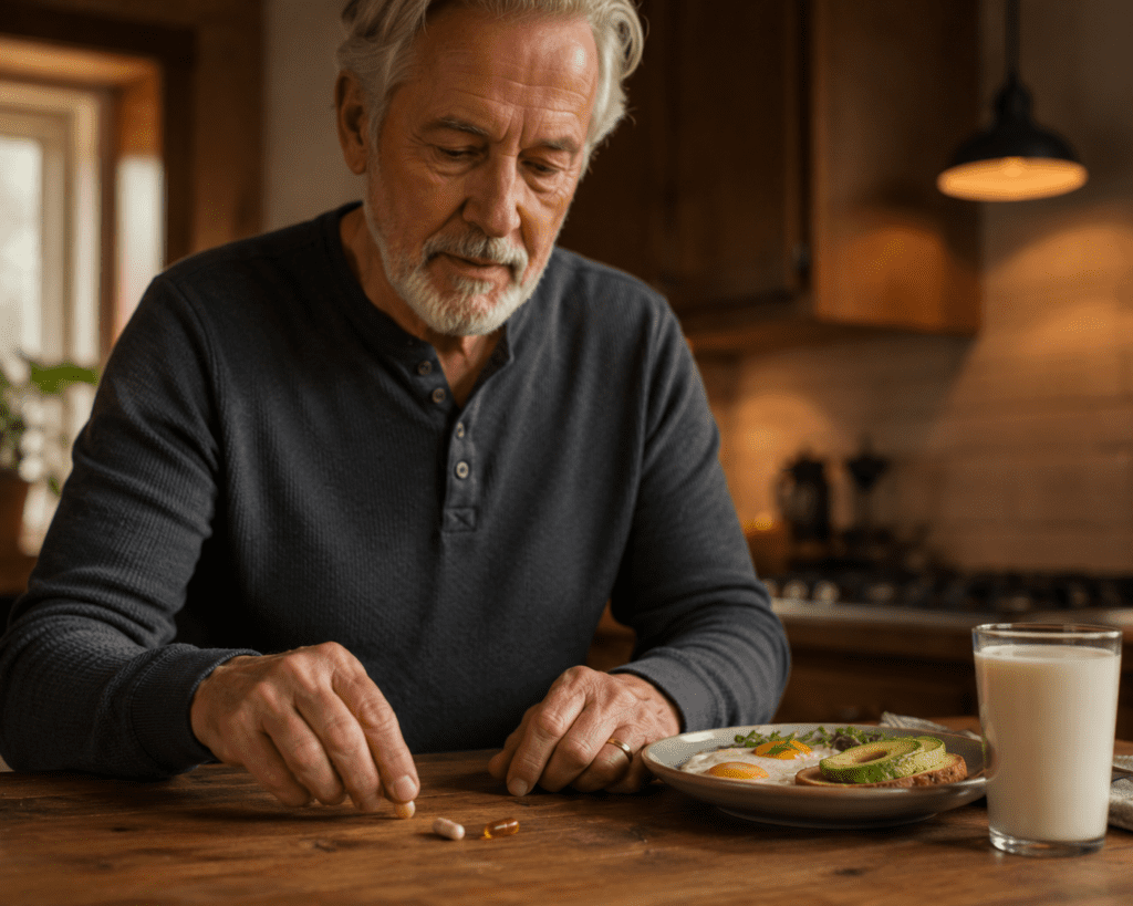 Older man taking D3 and K2 supplements with breakfast at home
