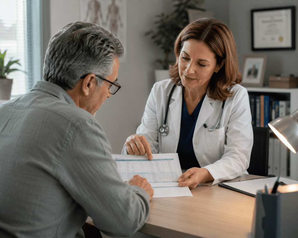 Man in his 50s reviewing lab results with doctor about vitamins
