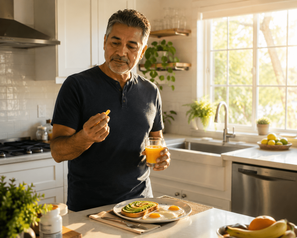 Older Hispanic man taking vitamin D supplement with breakfast at home
