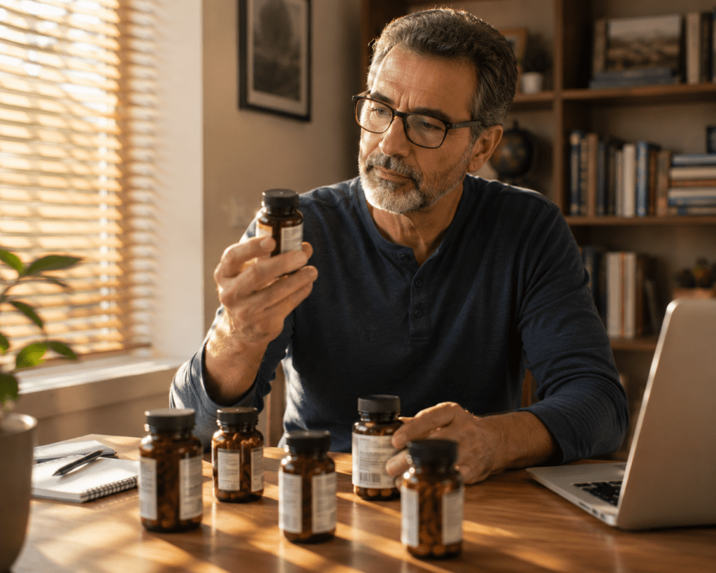 Mature man carefully reviewing vitamin supplement bottles at home desk
