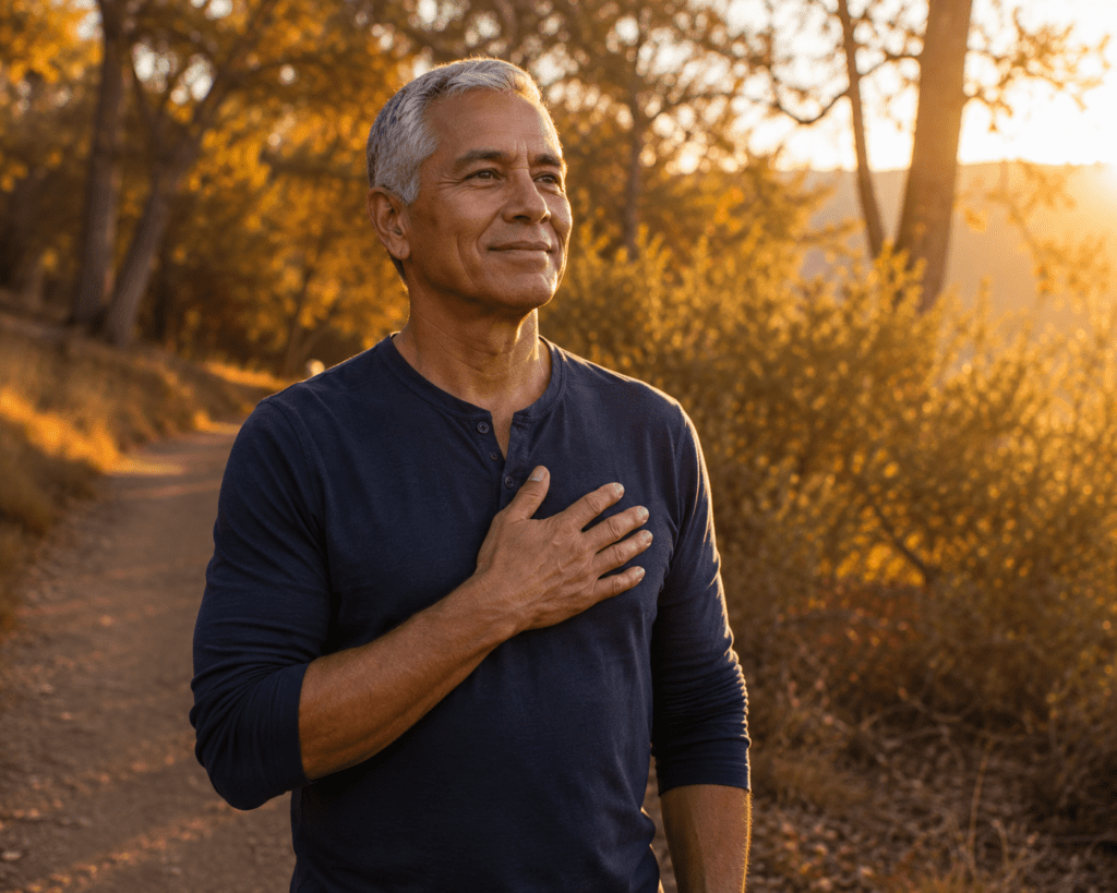 Healthy 60s man touching chest outdoors showing heart health confidence
