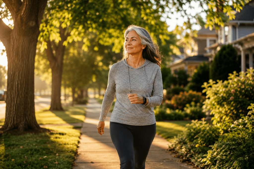 Woman in her 60s walking briskly outdoors for blood sugar and weight control