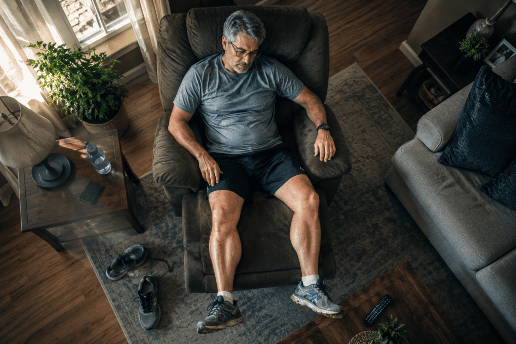 Man in sneakers sitting sedentary in recliner immediately after walking outdoors