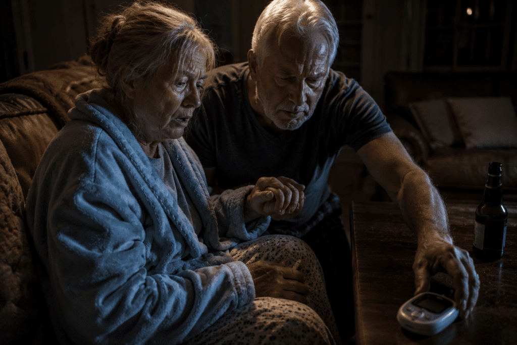 Husband recognizing dangerous blood sugar warning signs in wife after drinking
