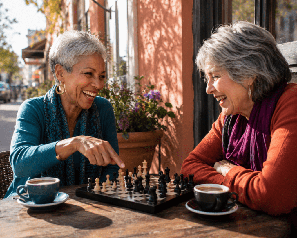 Two women in their 60s playing chess outdoors as weekly brain training routine
