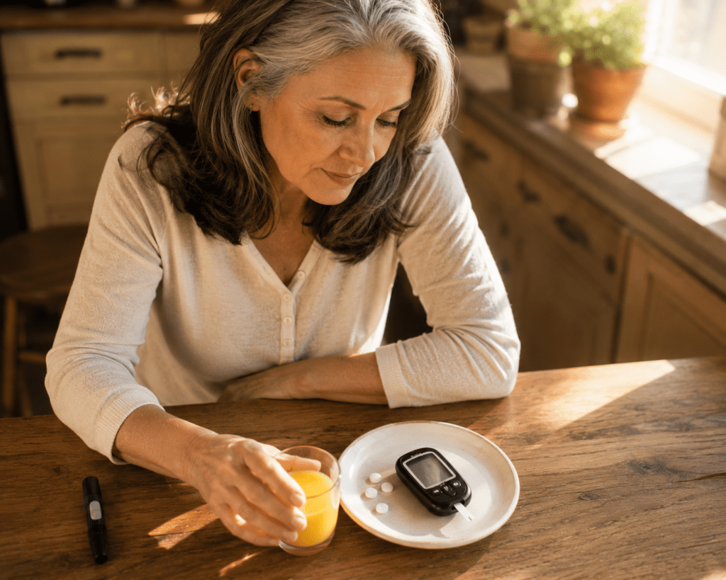 Older Hispanic woman preparing blood sugar-stabilizing snack containers with meal plan