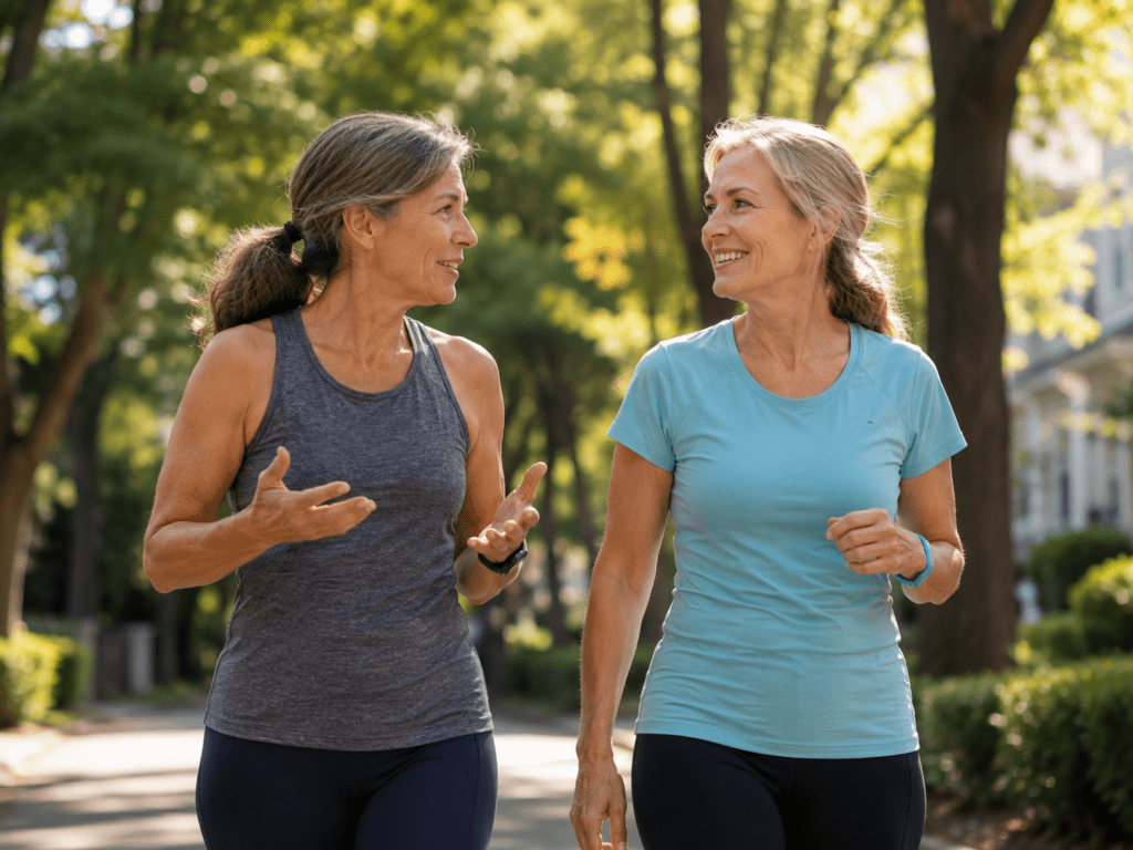 Two active women over 60 walking outdoors discussing natural health strategies
