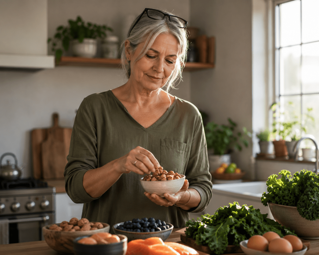 Active woman in her 60s choosing walnuts and brain foods at home kitchen
