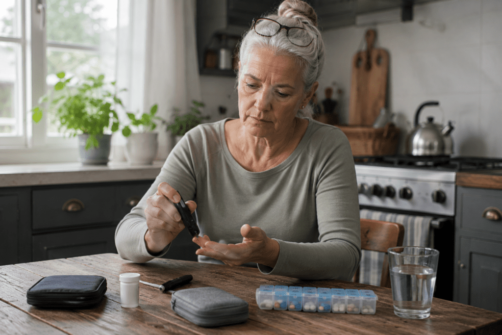 mature woman checking blood glucose with glucometer at kitchen table
