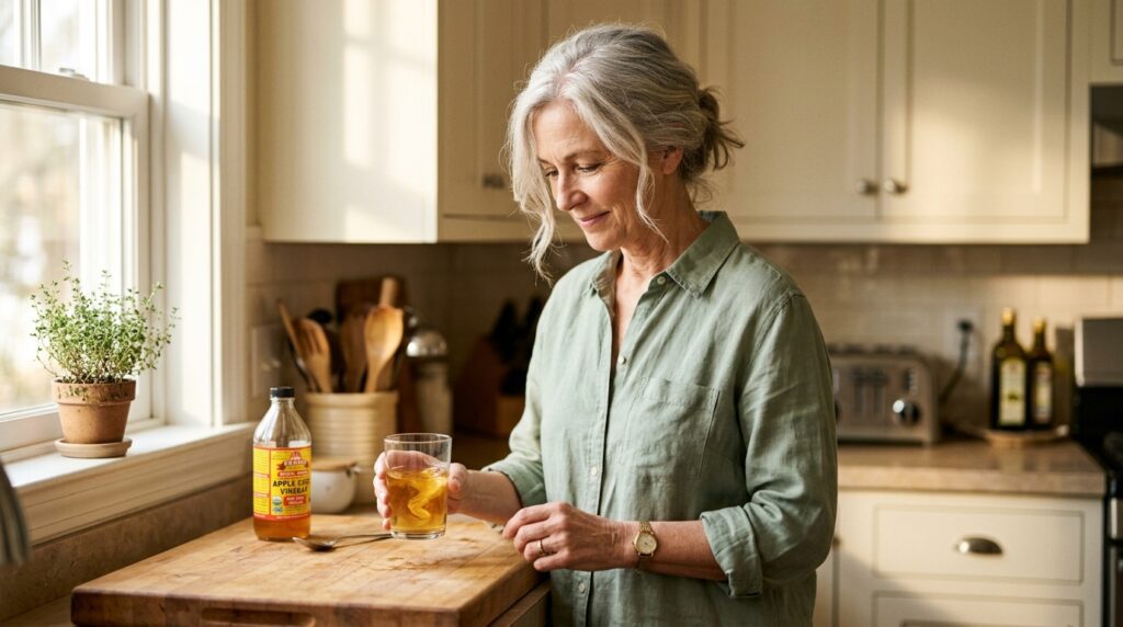 apple cider vinegar weight loss — older woman adding ACV to morning water glass in sunny kitchen