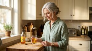apple cider vinegar weight loss — older woman adding ACV to morning water glass in sunny kitchen