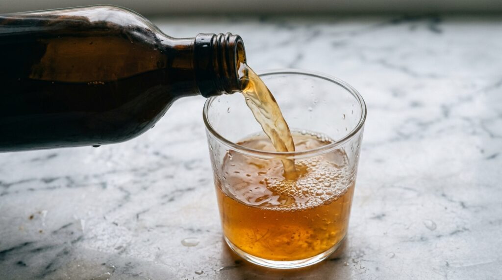 apple cider vinegar weight loss — macro pour of raw unfiltered ACV with mother culture visible
