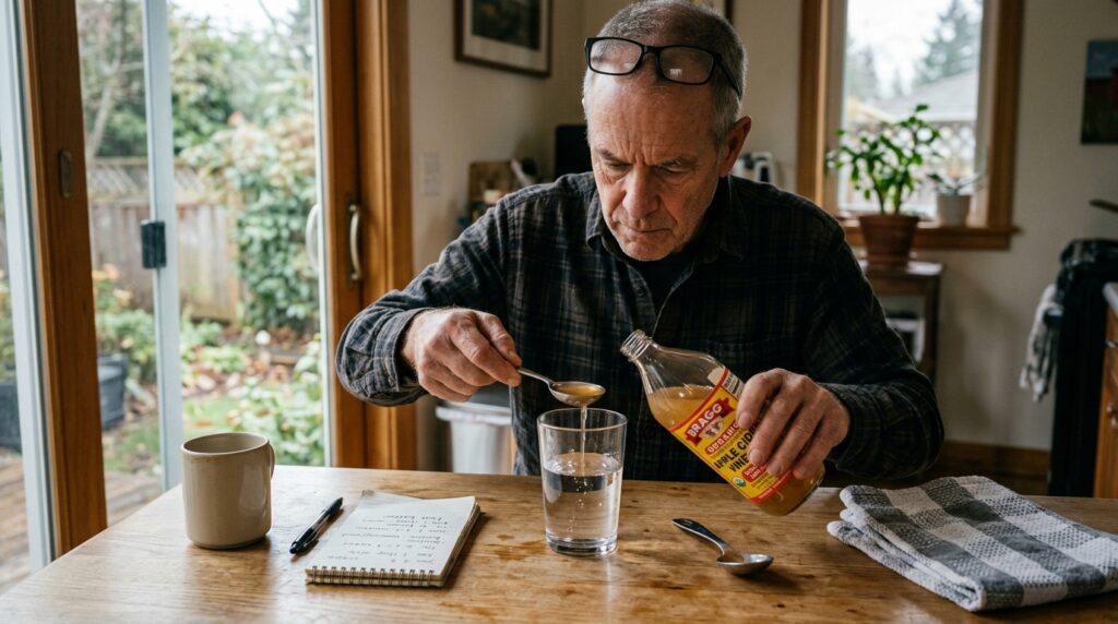 apple cider vinegar weight loss — older man measuring ACV tablespoon into water glass at home
