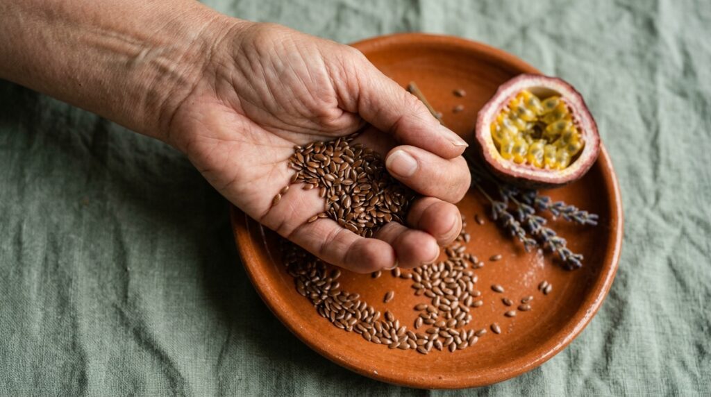 balance hormones naturally after 35 — flaxseeds and herbs close-up hormonal support
