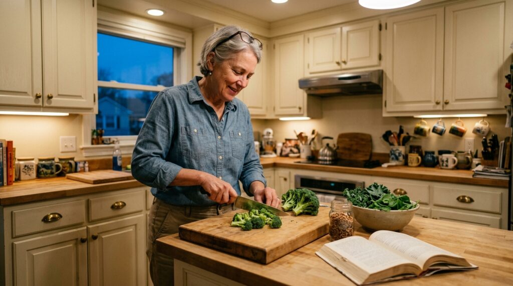 balance hormones naturally after 35 — woman 60s chopping vegetables home kitchen evening
