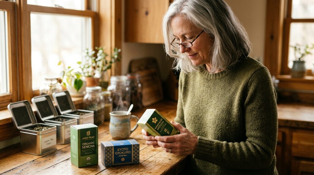 Woman over 60 carefully comparing green tea brands for weight loss