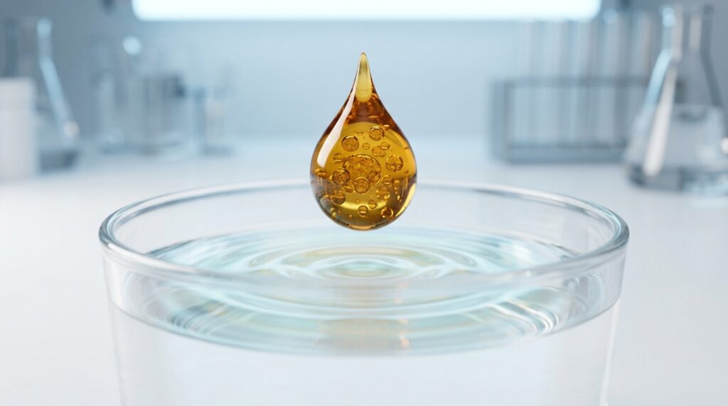 best liquid vitamins for high absorption — macro shot of amber liposomal liquid drop in water
