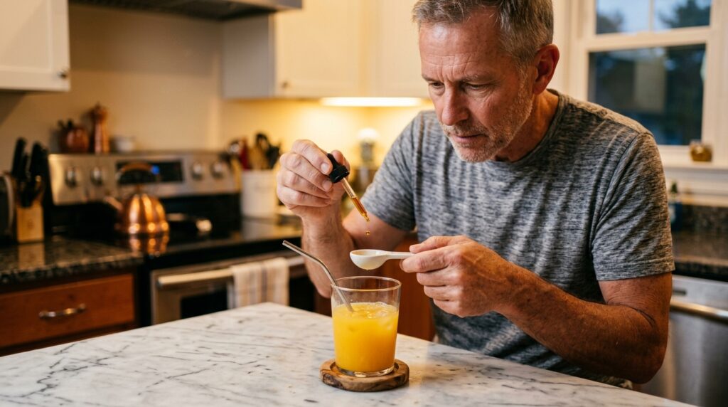 best liquid vitamins for high absorption — man carefully dosing liquid vitamin with dropper at kitchen counter
