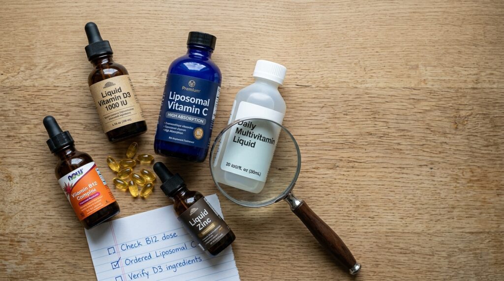 best liquid vitamins for high absorption — overhead flat lay of multiple liquid vitamin bottles with checklist and magnifying glass
