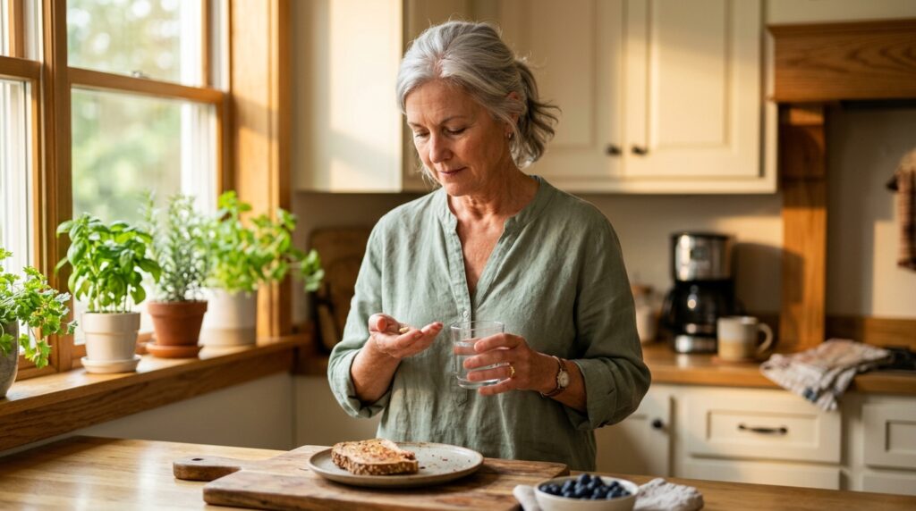 chromium picolinate blood sugar benefits — older woman taking supplement at sunny morning kitchen counter