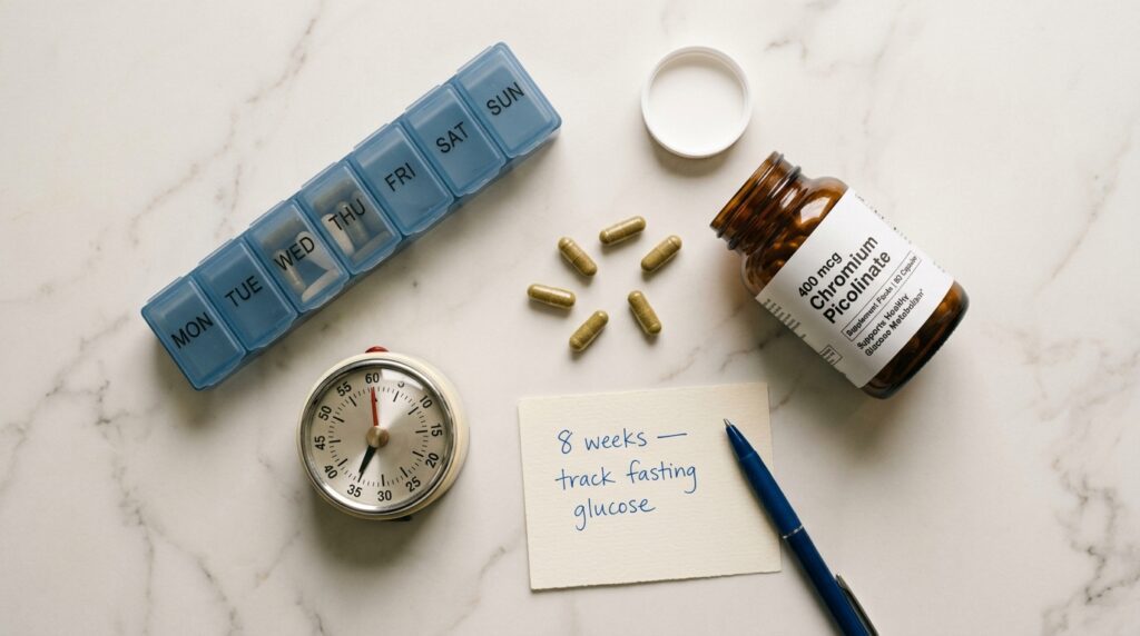 chromium picolinate blood sugar benefits — supplement capsules pill organizer and dosage note flat lay

