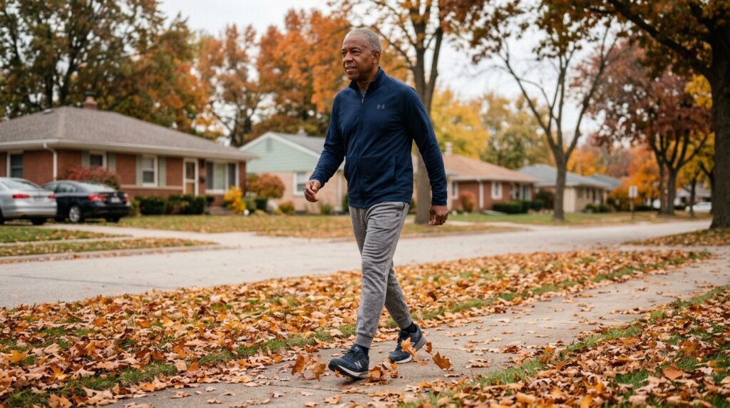 chromium picolinate blood sugar benefits — older Black man walking briskly on autumn suburban sidewalk

