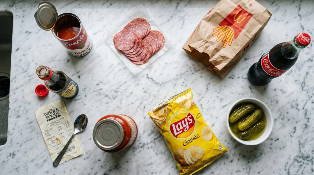 foods to avoid with high blood pressure — overhead flat lay of processed salty and sugary foods
