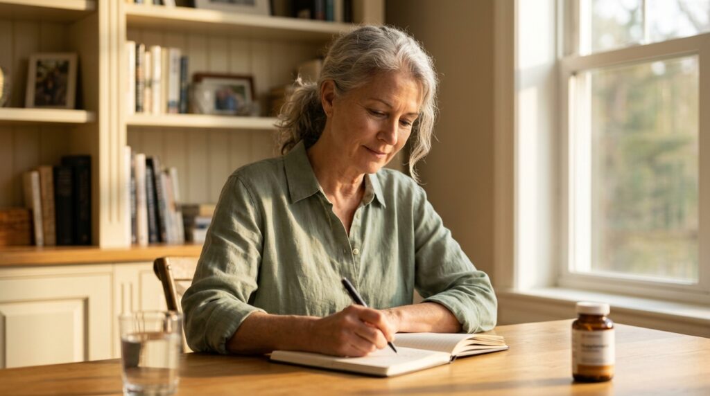 ginkgo biloba benefits for memory and focus — silver-haired woman writing in journal with calm focus at sunny home desk