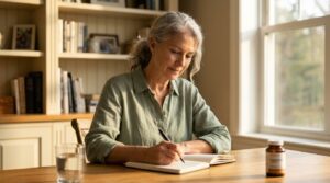 ginkgo biloba benefits for memory and focus — silver-haired woman writing in journal with calm focus at sunny home desk