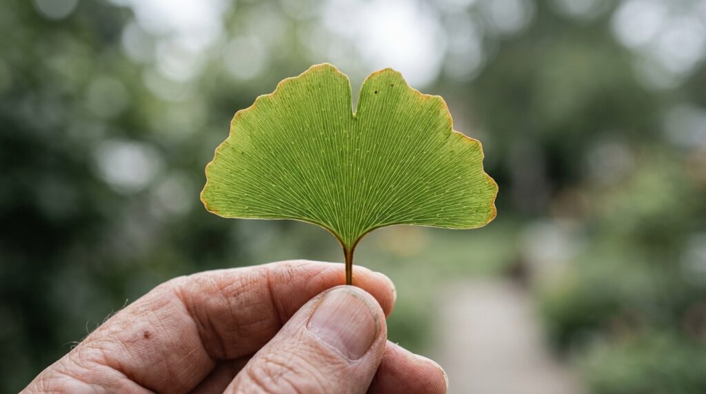 ginkgo biloba benefits for memory and focus — macro close-up of ginkgo leaf veins held by older man's hand
