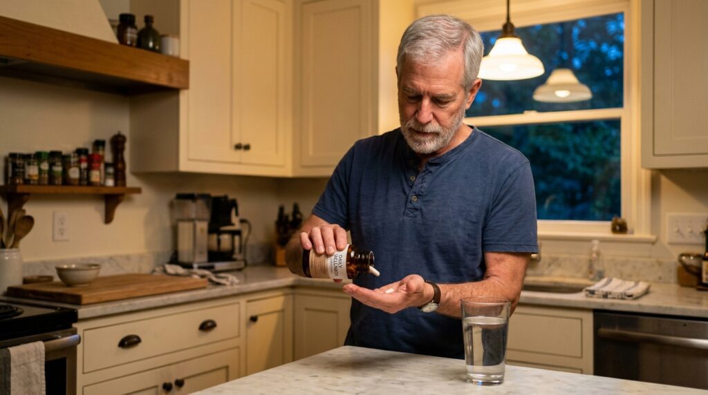 ginkgo biloba benefits for memory and focus — older man taking ginkgo capsule at kitchen counter during morning routine
