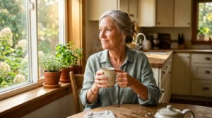green tea benefits blood pressure — silver-haired woman holding warm green tea mug at sunny kitchen window