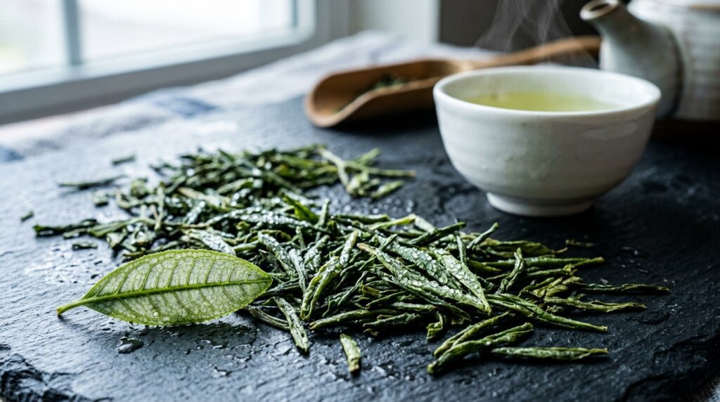 green tea benefits blood pressure — extreme macro close-up of loose green tea leaves with rising steam

