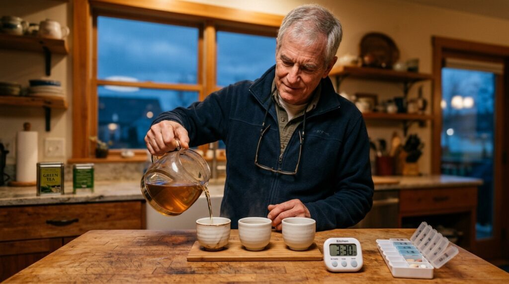 green tea benefits blood pressure — older man pouring green tea into three cups showing daily dose ritual
